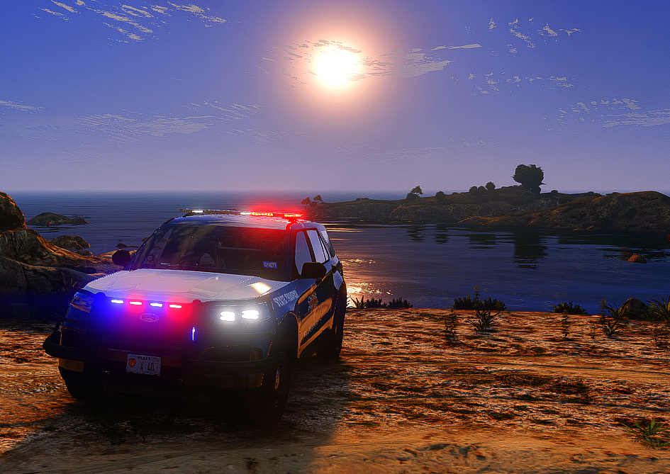 Hunt County Roleplay coastal patrol scene at sunset
